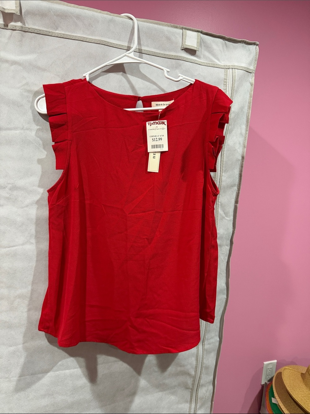 Monteau Bright Red Ruffle Sleeve Tank Top